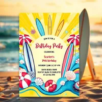 Surfs Up Summer Fun Beach Surfing Birthday Invitation