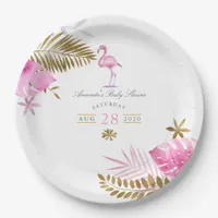Pink and Gold Tropical Flamingo Girl Baby Shower Paper Plates