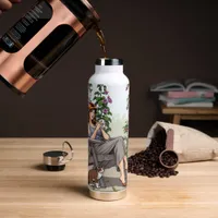 Pretty Woman Drinking Coffee, Her Dog and Plants Water Bottle