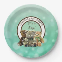 Green and Brown Teddy Bear Boy's Baby Shower Paper Plates