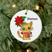 Personalized Orange Cat Holding a Poinsettia  Ceramic Ornament