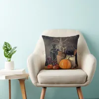 Autumn Decorations on Table, Pumpkin, Fruit, Drink Throw Pillow