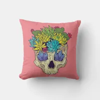 Skull, Crystals, Succulents With Pink Background Throw Pillow