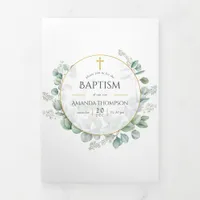 Watercolor Eucalyptus Geometric Baptism Photo Tri-Fold Card