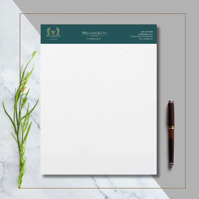 Classic Laurel Wreath Teal Gold Monogram Letterhead