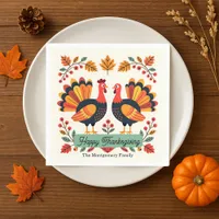 Vibrant Folk Art Turkeys Fall Leaves Thanksgiving Napkins