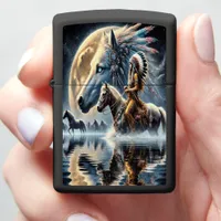 Native Warrior Riding Horse Under Moonlit Sky Zippo Lighter