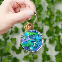 Blue and Green Fluid Art Pour Painting Effect Keychain