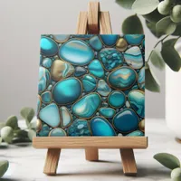 Turquoise and Teal Stones with Golden Outlines Ceramic Tile