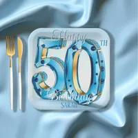Elegant Blue and Gold Gemstone 50th Birthday Paper Plates