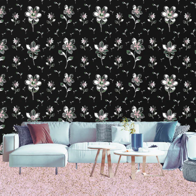 Pink And Silver Metallic Flowers Black Floral Wallpaper