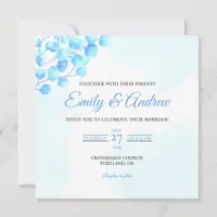 Aqua Leaf Watercolor Floral Square Wedding Invitation