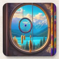 Dreamcatcher in Window Overlooking the Mountains  Beverage Coaster