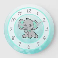 Cute teal elephant children's or baby nursery large clock