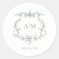 Sage Green Victorian Baroque Floral Crest Wedding Classic Round Sticker