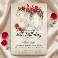 Elegant Vintage Red Rose Watercolor 30th Birthday Invitation