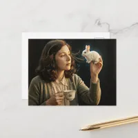 A Gorgeous Woman and a Tiny Magic Bunny at Tea Postcard