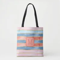 Wide Watercolor Stripes Color Block Monogram Tote Bag