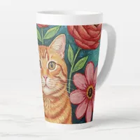 Orange Cat Folk Art Flowers Latte Mug