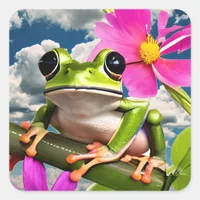 Cute Frog on Pink Flower Branch with Clouds Square Sticker