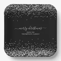 Silver Glitter Name Merry Christmas Black Paper Plates