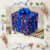 Festive Blue Galaxy Menorah Birthday Wrapping Paper