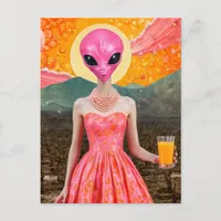 Funny Alien Lady in Pink With Orange Juice Postcard