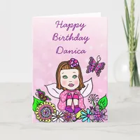 Whimsical Folk Art Fairy Girl Happy Birthday Card