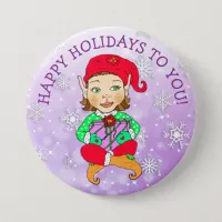 Happy Holidays to You Girl Elf and Snowflakes Button