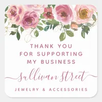 Blush Pink Floral Glitter Business Thank You  Square Sticker