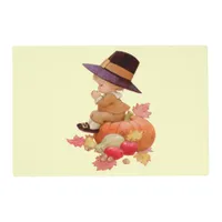 Vintage Pilgrim Boy Praying on Pumpkin Paper Placemat