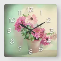 Pot of Pink Watercolor Flowers  Square Wall Clock