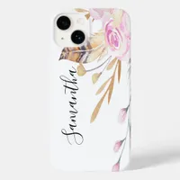 Pink florals feathers white boho script Case-Mate iPhone 14 case