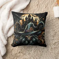 Haunting witches gather under a full moon throw pillow