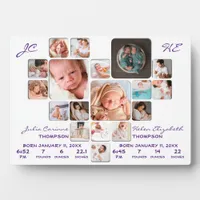 Newborn Twin Babies BiStats Photo Collage Monogram Plaque