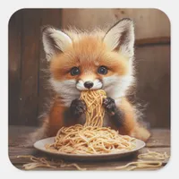 An adorable baby red fox eating spaghetti square sticker