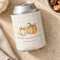 Rustic Watercolor Pumpkin Bows Thanksgiving Custom Can Cooler