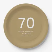 Simple White Text 70th Name Gold Birthday Party Paper Plates