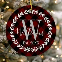 Buffalo Plaid Monogram Name Family Christmas Ceramic Ornament