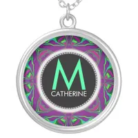 Monogram Name Purple Green Psychedelic Gift Neckla Silver Plated Necklace