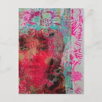 Pink Flower Woman Mixed Media Collage  Postcard
