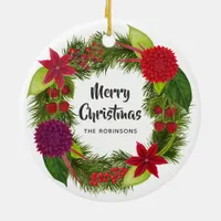 Watercolor Floral Christmas Family Photo Ceramic Ornament