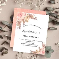 Birthday pampas grass rose gold budget invitation