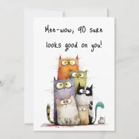 Whimsical Cats with Big Eyes 90th Birthday Flat Card