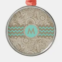 Paisley Chevron Monogram Beige PCMX Metal Ornament