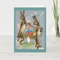 Vintage Easter Rabbits Carry Eggs in Basket, ZSSG Holiday Card