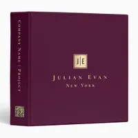 Simple Clean Burgundy Wine Gold Qr code Monogram 3 Ring Binder