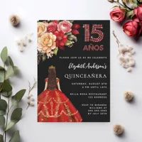 Quinceanera black red dress florals roses invitation