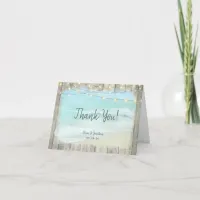 Rustic Wood String Lights Beach Wedding Thank You Card