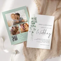 Modern Eucalyptus 3 Photos QR Code Script Wedding Invitation